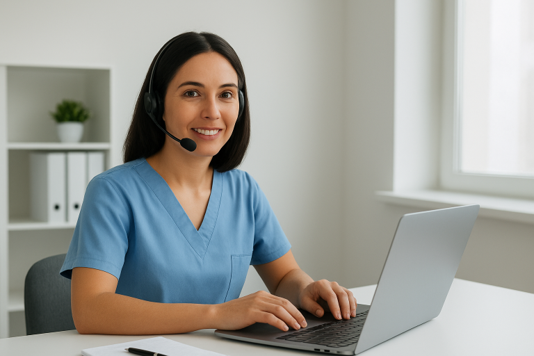 Imagen de una chica con unos auriculares frente a un ordenador y vestida con ropa sanitaria.